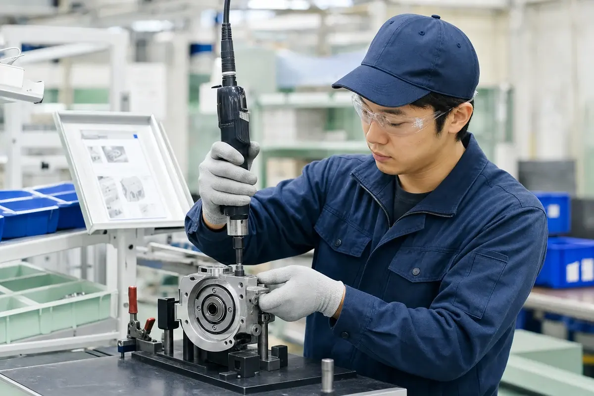 作業台で工具を使って機械部品を組み立てる作業員