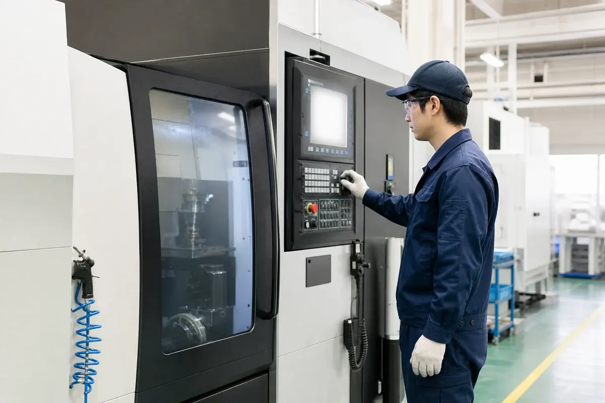 工作機械の操作盤を安全に確認する作業員
