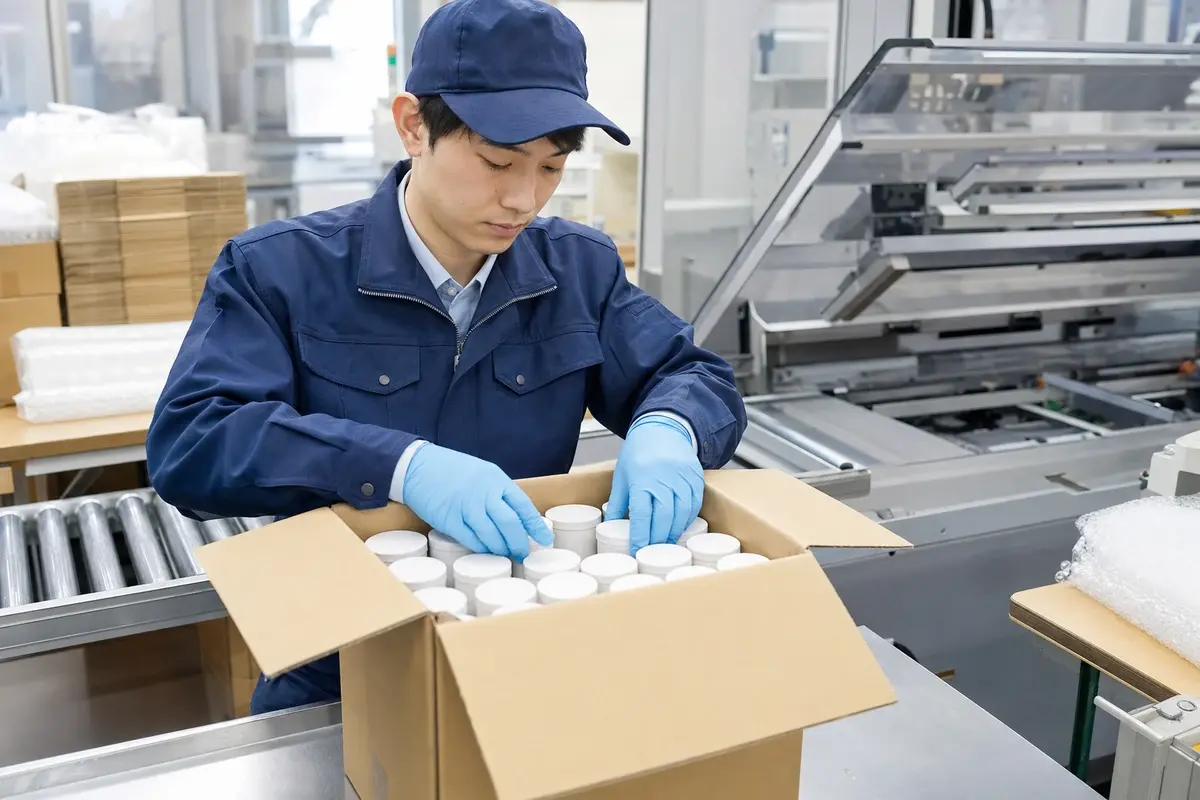 工場で製品を段ボール箱へ梱包する作業員