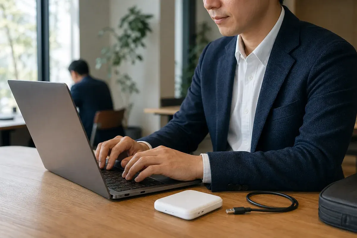 在宅勤務と外出先の両方で使うモバイルWiFi端末を確認する人