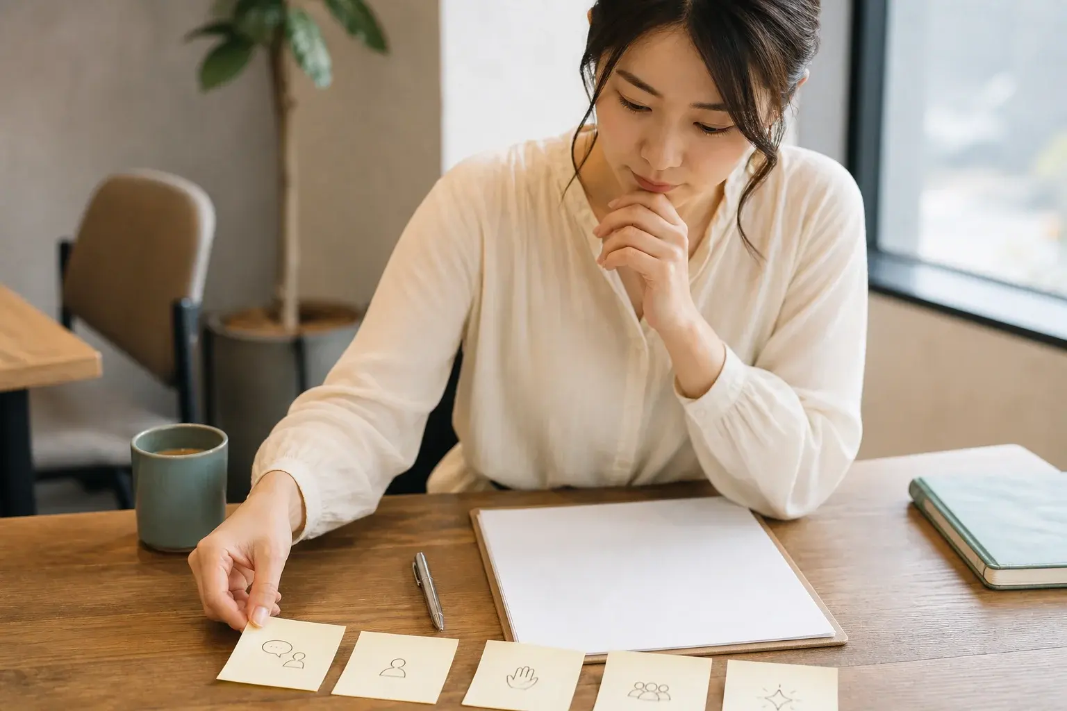 接客経験を表す五枚のカードを机で整理する女性