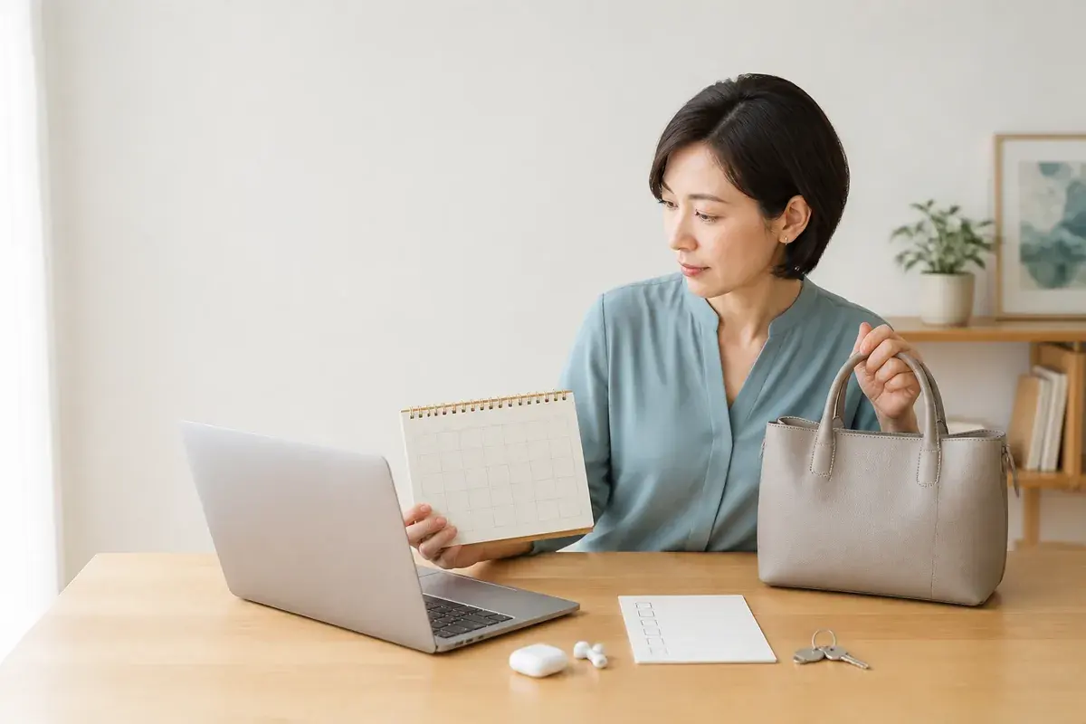 在宅勤務の予定表と通勤バッグを見比べて出社条件を確認する人
