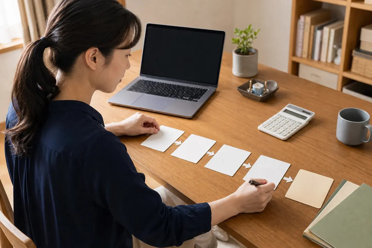 派遣で担当した仕事を時系列のカードで棚卸しする女性