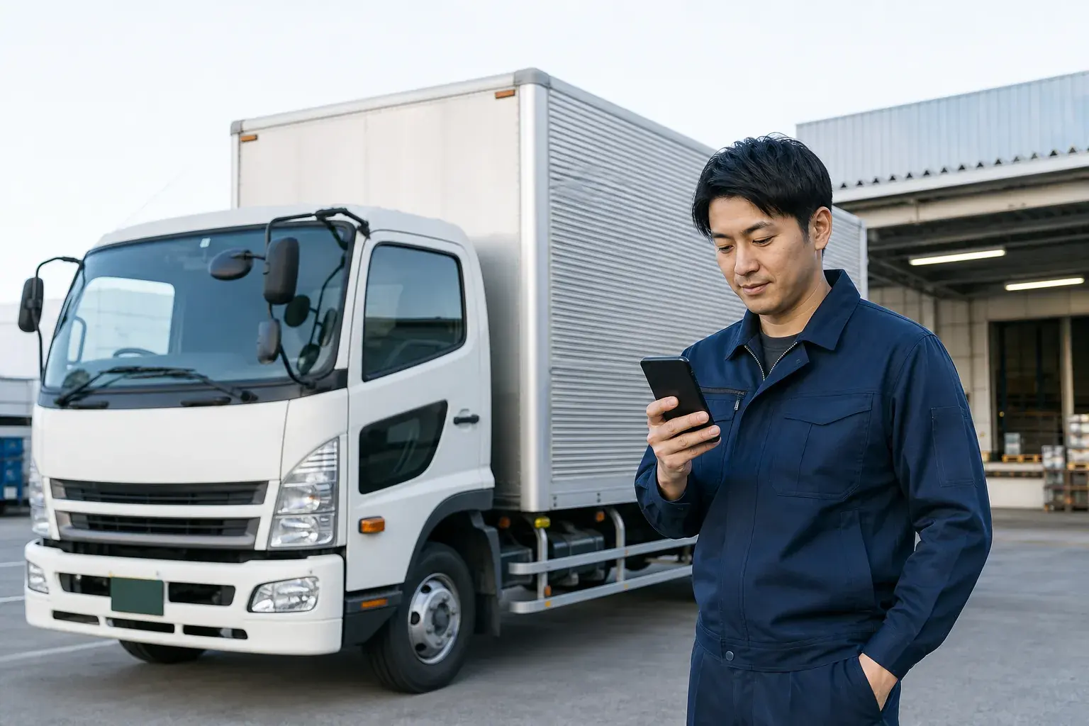 物流センターでトラックを横にスマートフォンの求人情報を確認するドライバー