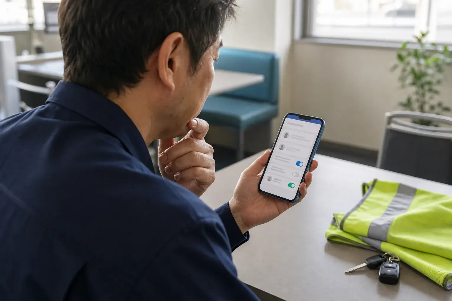 休憩室でスマートフォンのプロフィール公開設定を確認するドライバー