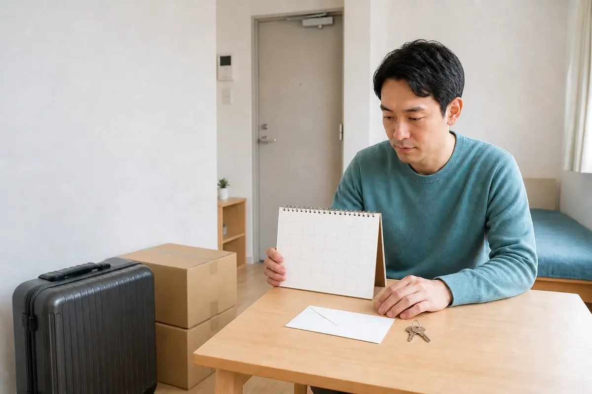社員寮でカレンダーと鍵を見ながら入居日を確認する人