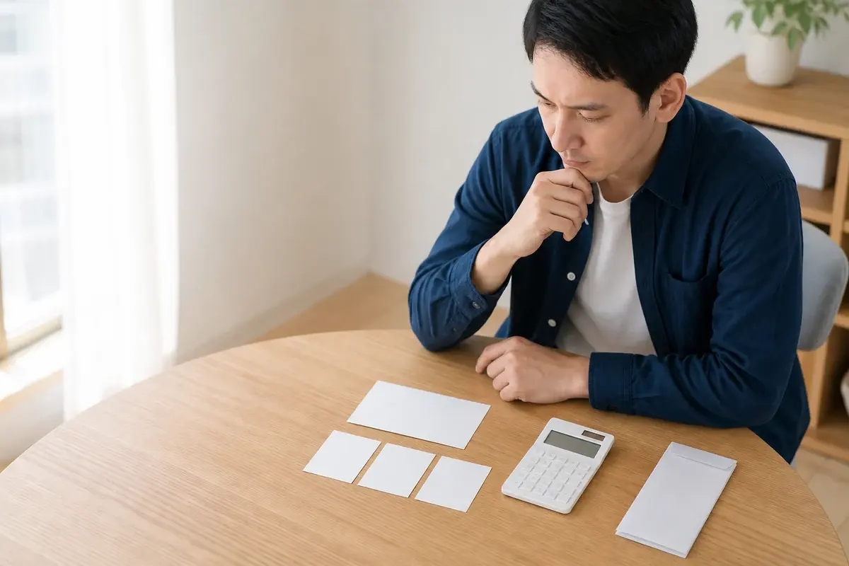 無地の条件カードと電卓を並べて入社特典を確認する人