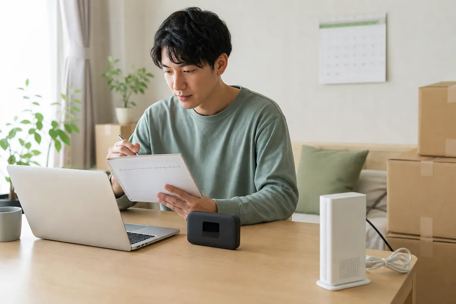 引っ越し後の机で光回線工事までの一時WiFi利用期間を計画する人
