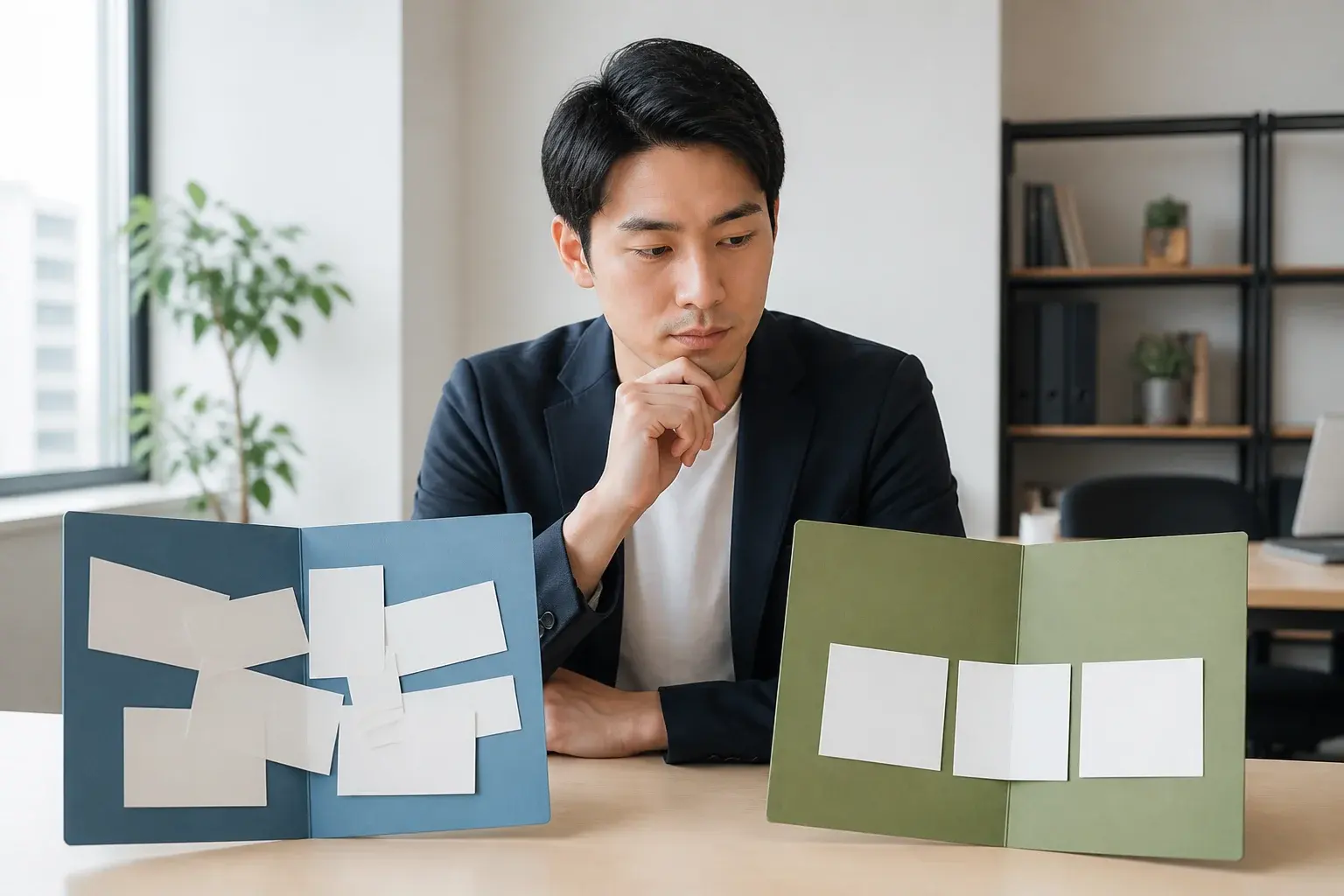幅広いカードが入る青いフォルダと専門的なカードが入る緑のフォルダを比べる男性