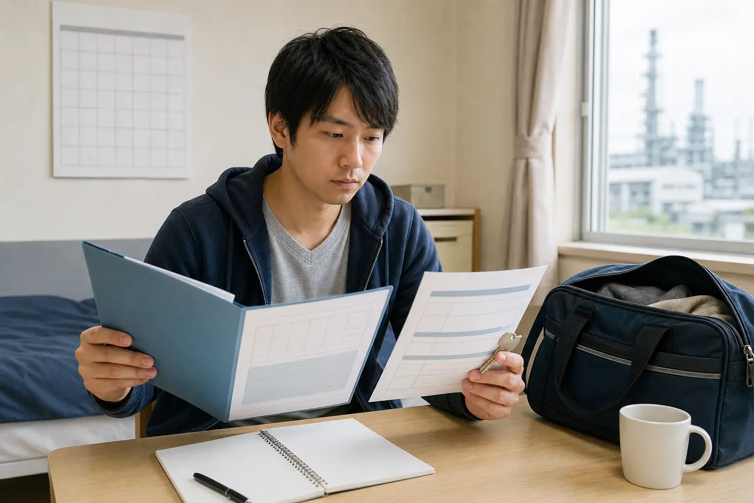 無期雇用派遣の待機中に雇用条件と寮利用規程を確認する工場勤務者