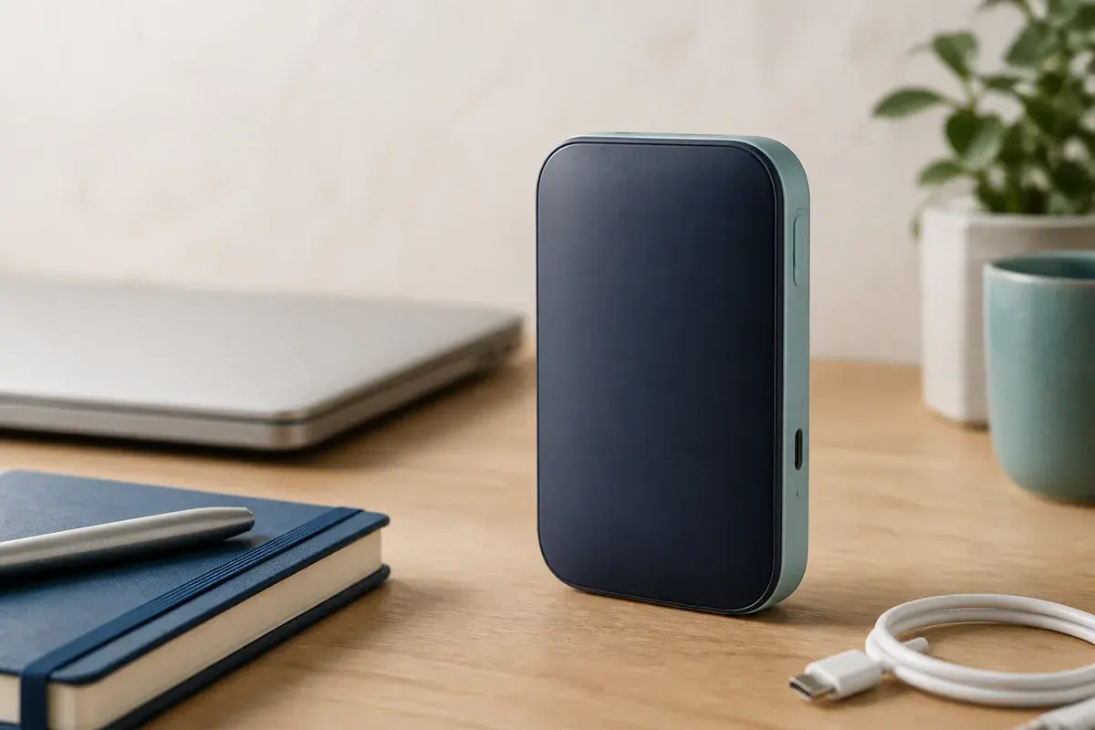 ノートパソコンと手帳のそばに置いた買い切り型モバイルWiFi端末