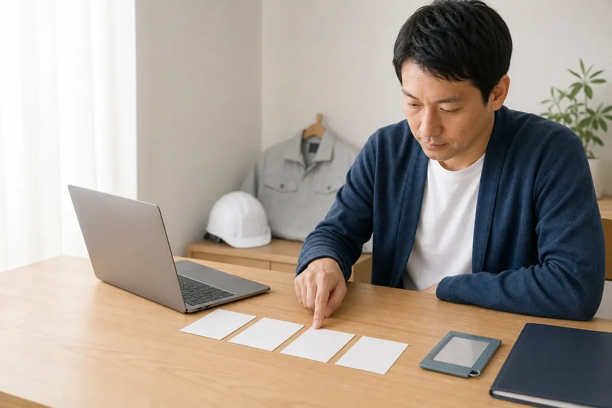 製造派遣の就業準備を無地のカードで順に確認する人