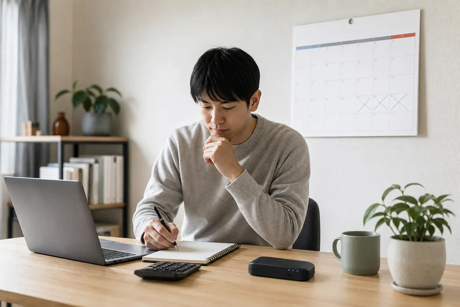 月末のカレンダーを見ながらポケットWiFiの初月費用を計算する人