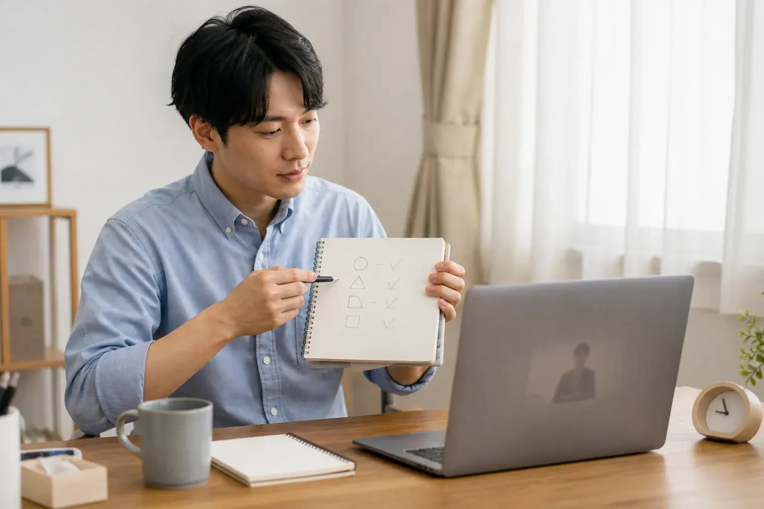 オンラインでキャリアの判断軸をノートに整理する男性