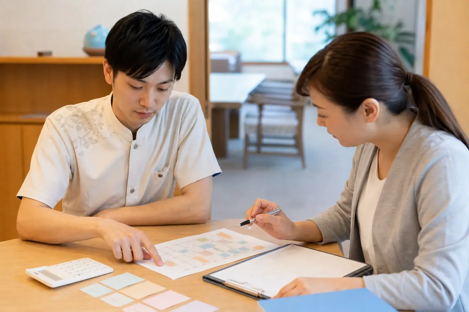 リゾートバイトの予想月収とシフト表の前提を担当者と確認するスタッフ