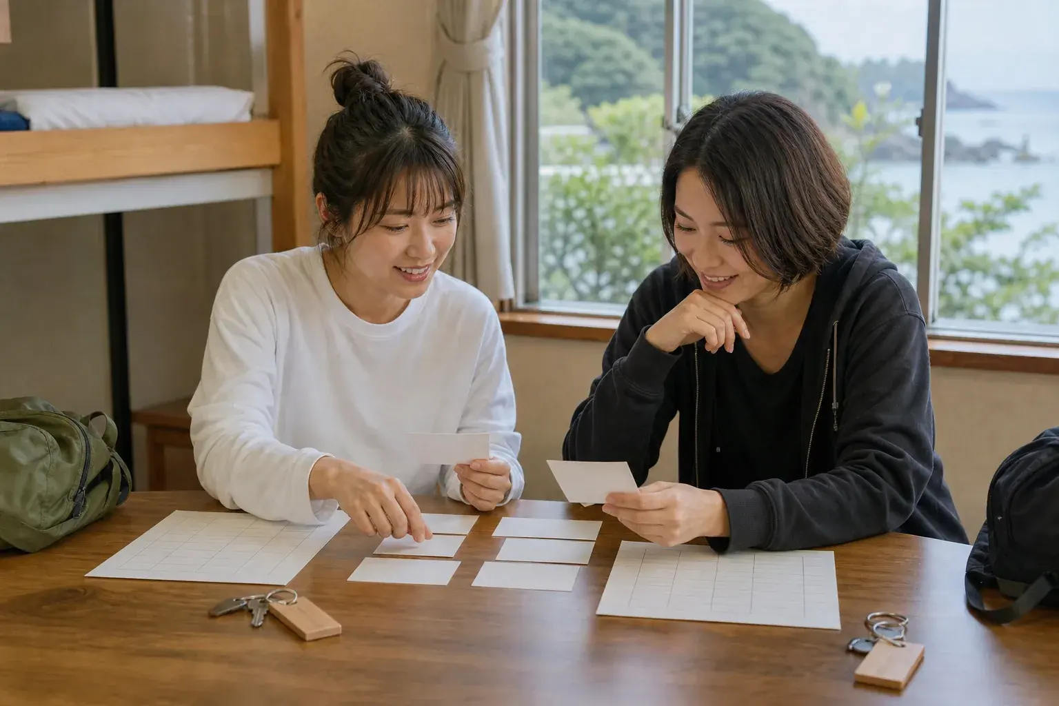 友達同士でリゾートバイトの勤務先、部屋、シフトを別々に確認する二人