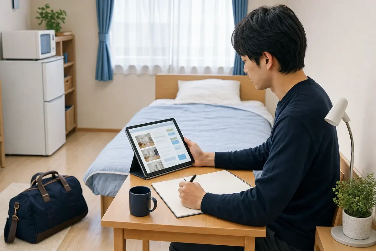 寮の設備と住み込み求人をタブレットで確認する求職者