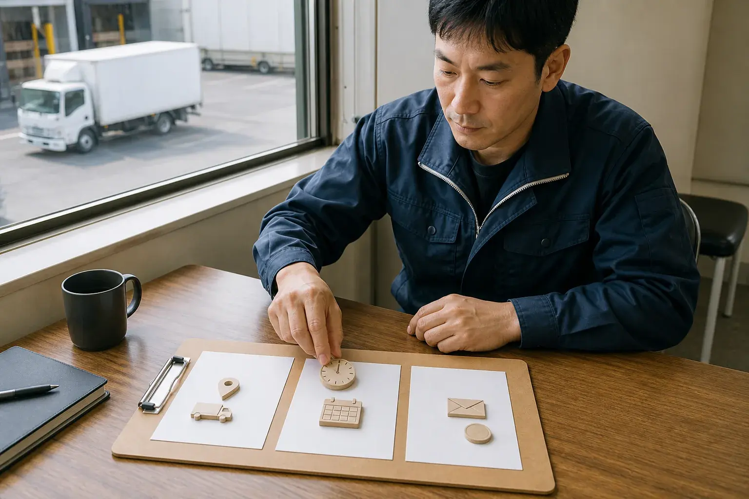 トラックが見える休憩室で希望条件を三つの空欄カードに分けるドライバー