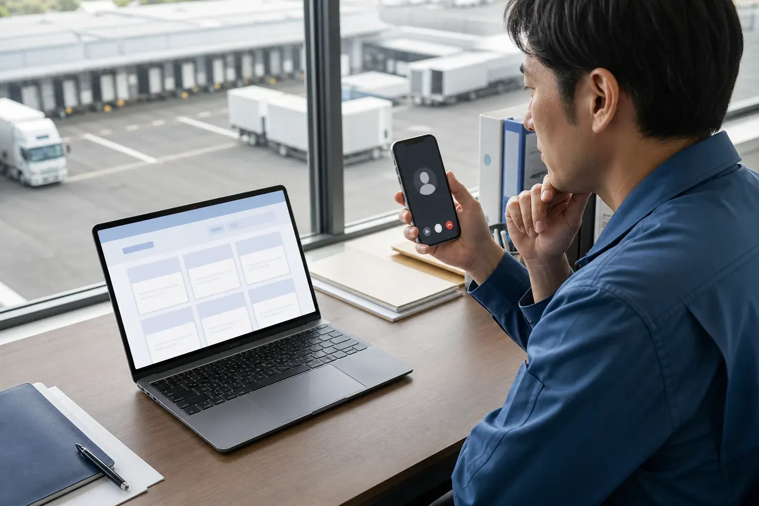 物流拠点を見ながらパソコンの求人一覧と電話相談を比較するドライバー