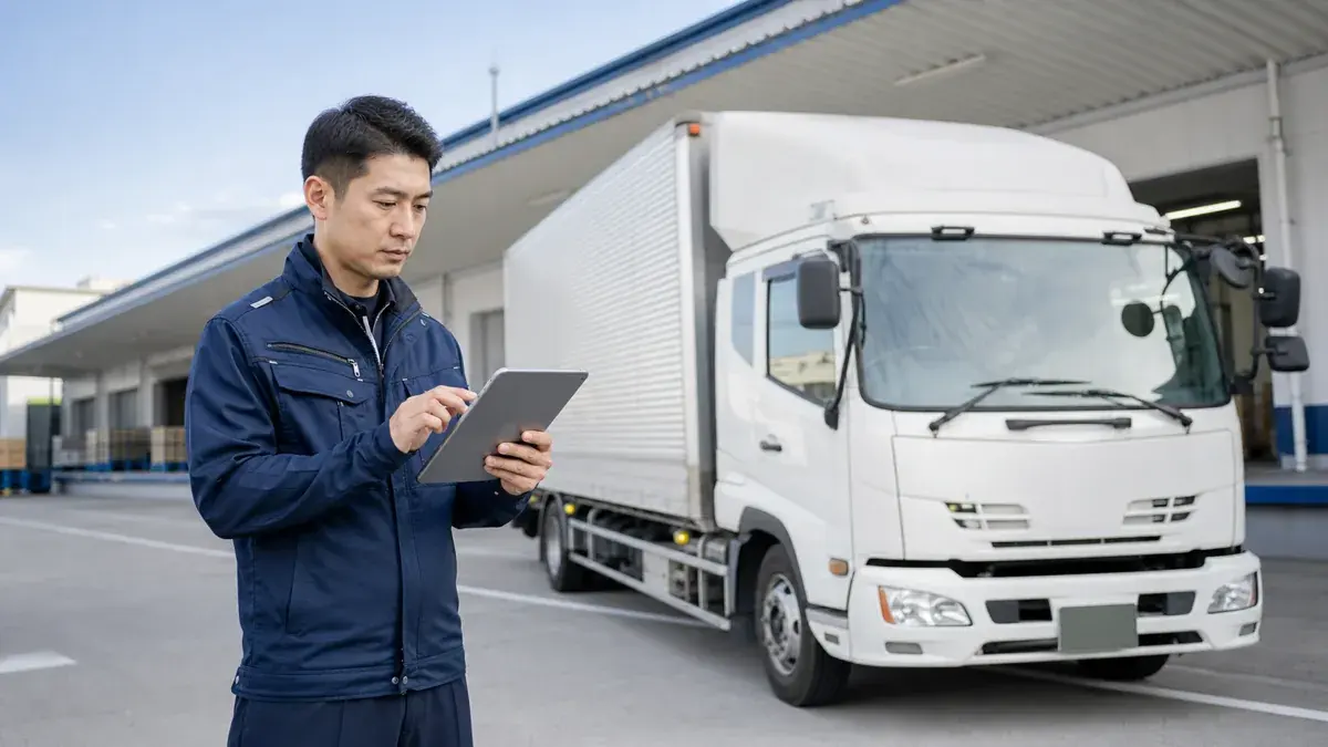 物流センターでトラックを横にタブレットの求人情報を確認するドライバー