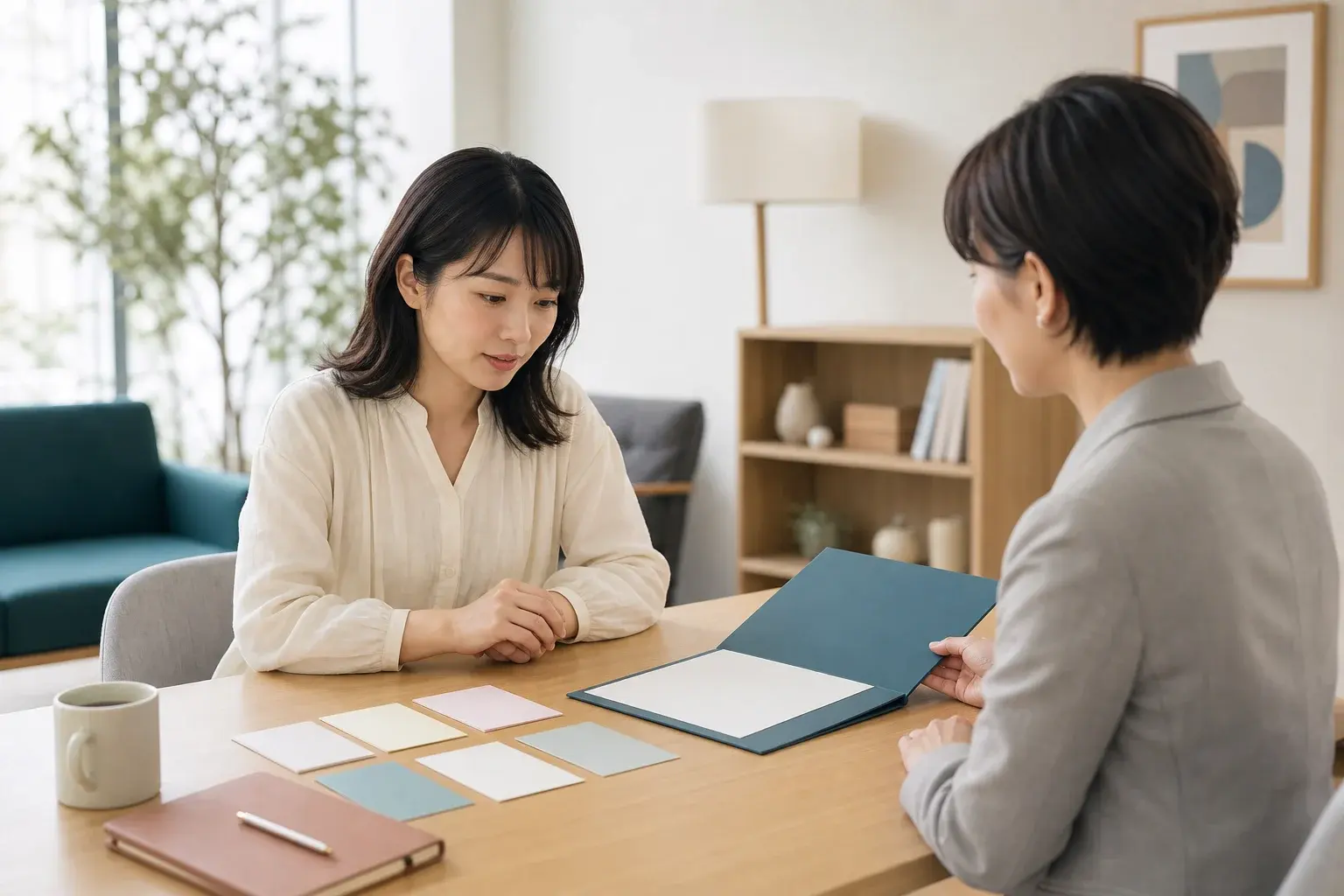 転職条件のカードをキャリアアドバイザーと落ち着いて確認する女性