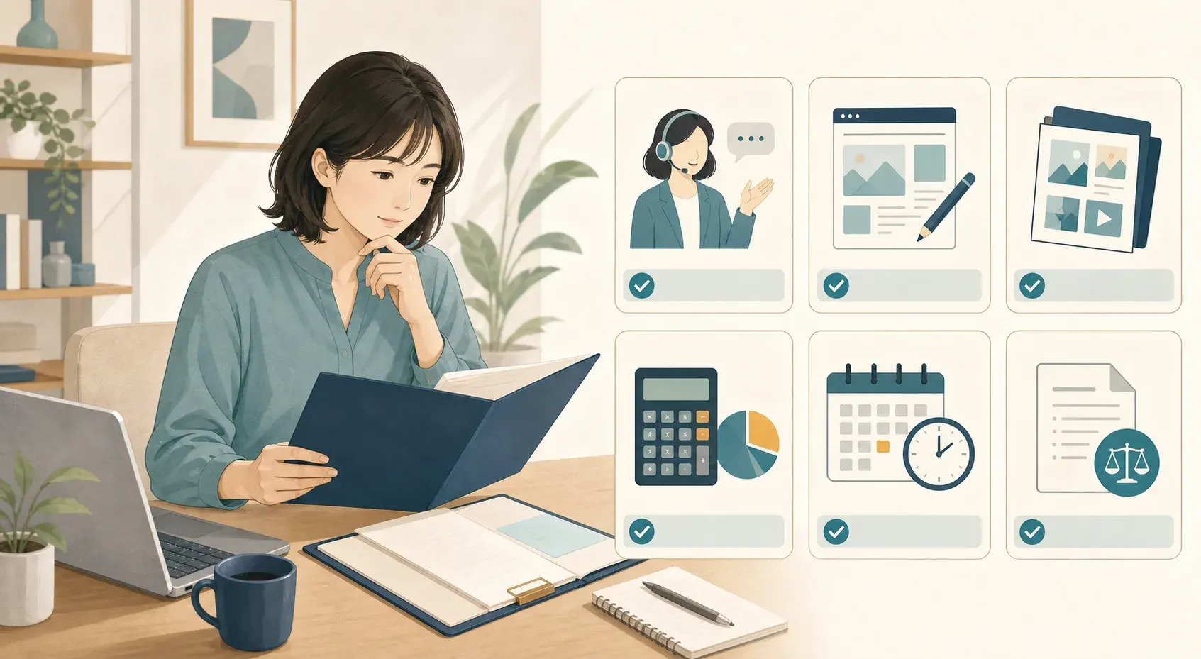 オンライン講座の支援、課題、成果物、費用、時間、契約条件を六枚のカードで確認する女性