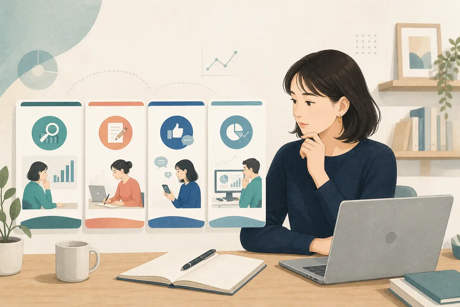 自宅の机でWebマーケティングの四つの学習分野を比較する女性