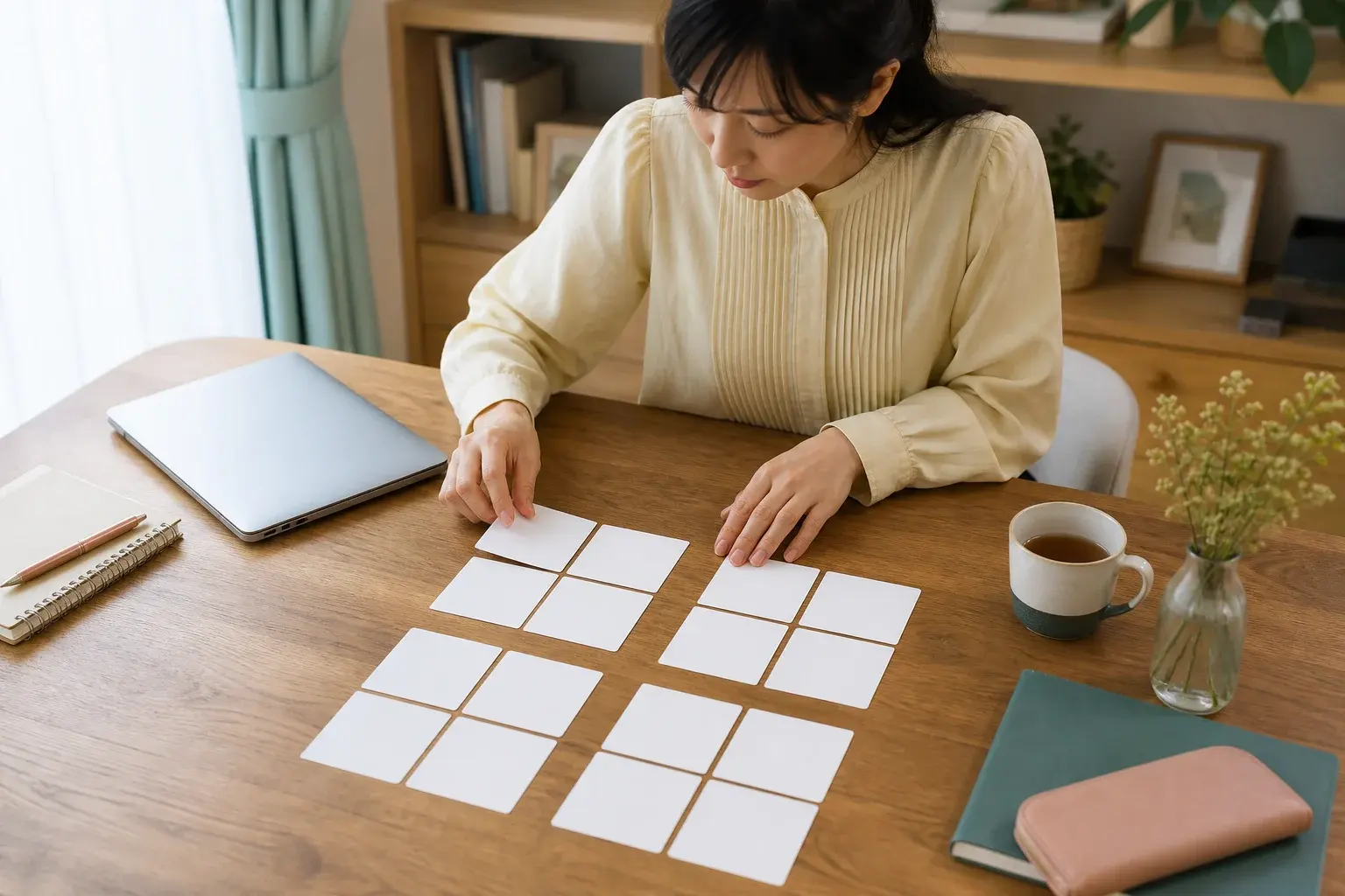 転職条件のカードを四つのグループへ整理する女性